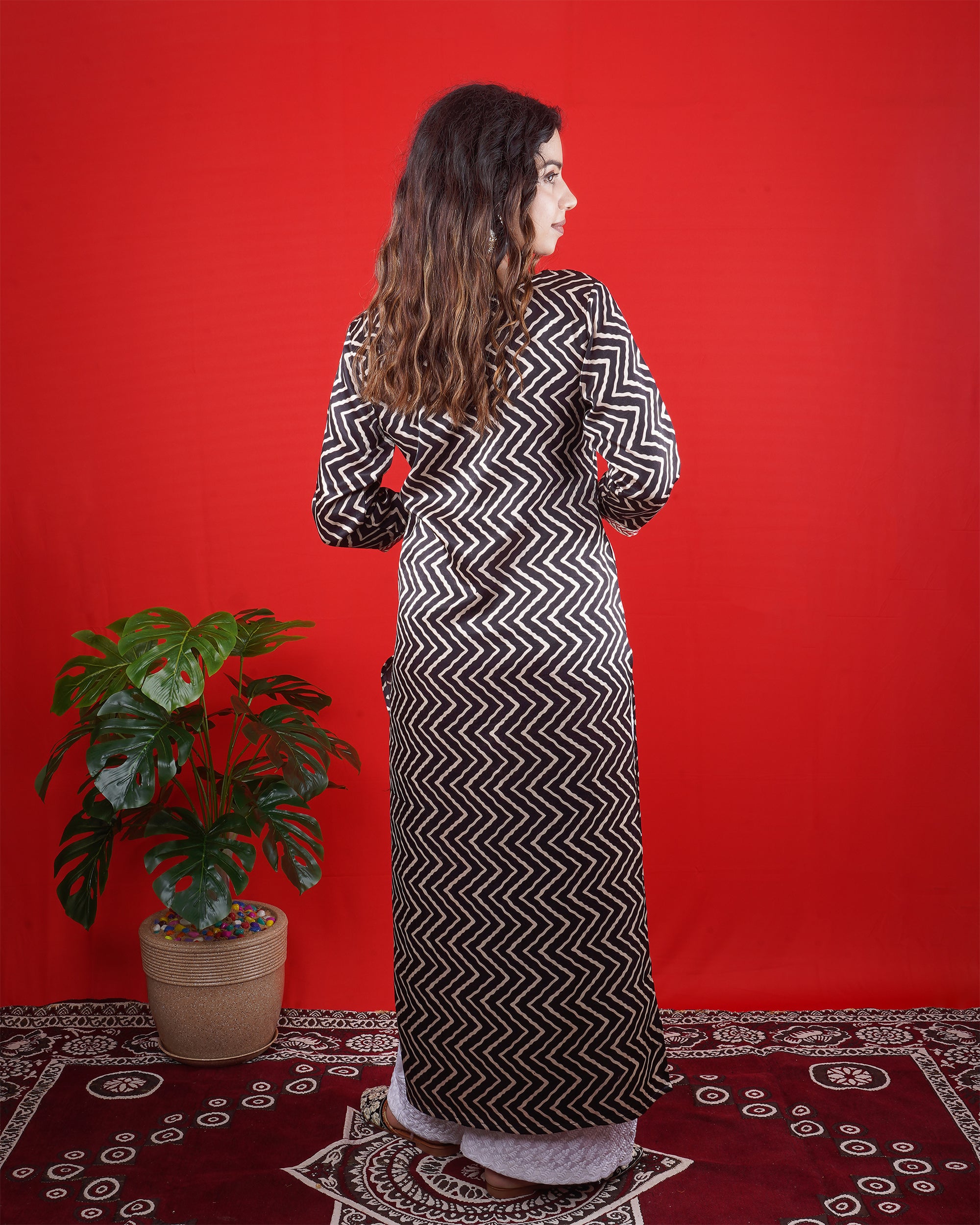 Black & White Printed Kurta with Embroidered Yoke and Straight Pants