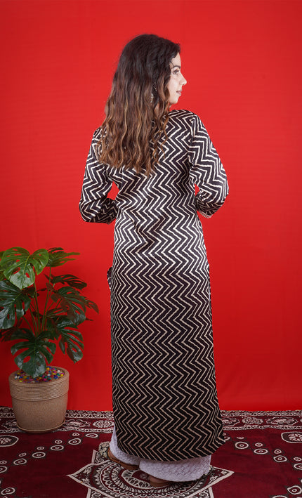 Black & White Printed Kurta with Embroidered Yoke and Straight Pants
