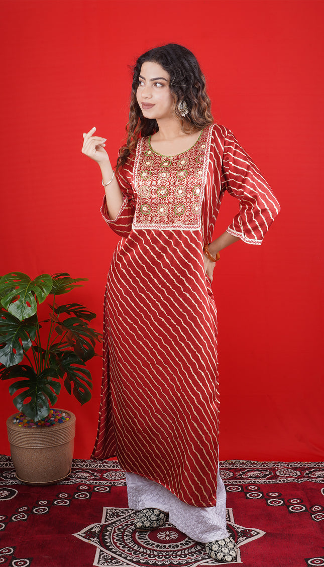 Red Printed Kurta with Embroidered Yoke & Straight Pants