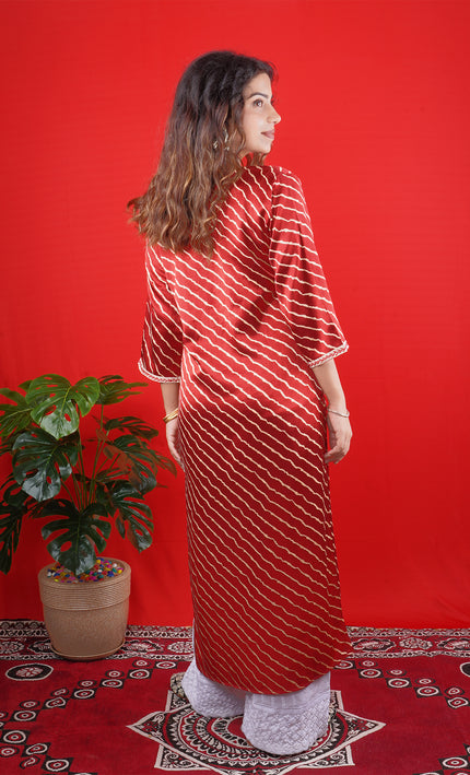 Red Printed Kurta with Embroidered Yoke & Straight Pants