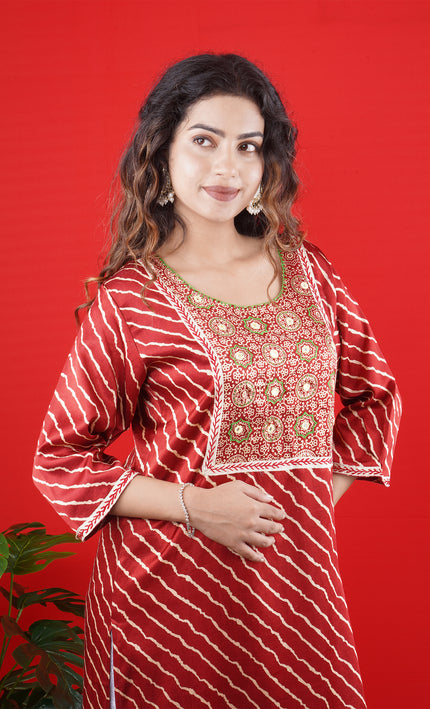Red Printed Kurta with Embroidered Yoke & Straight Pants