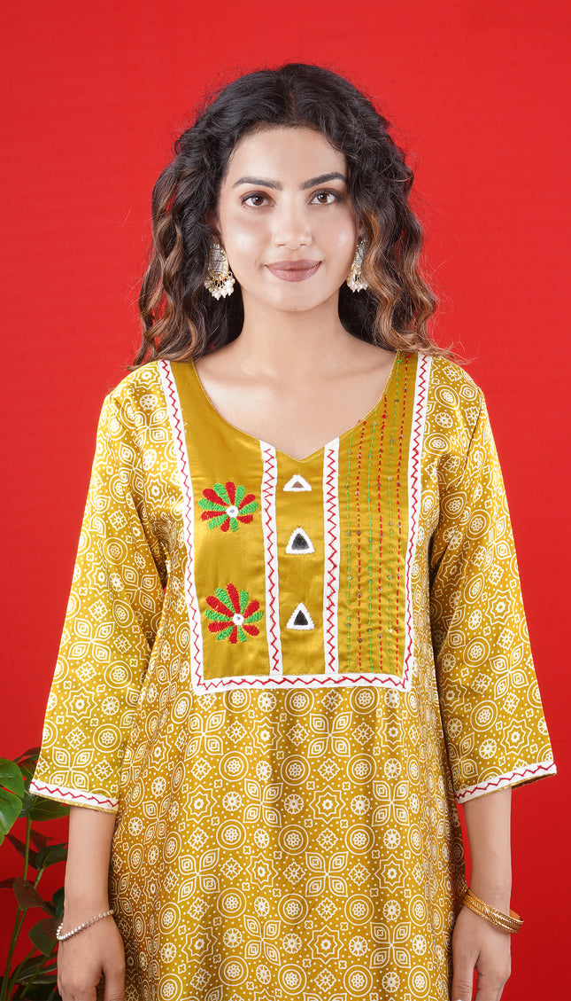 Yellow Printed Kurta with Embroidered Yoke & White Straight Pants