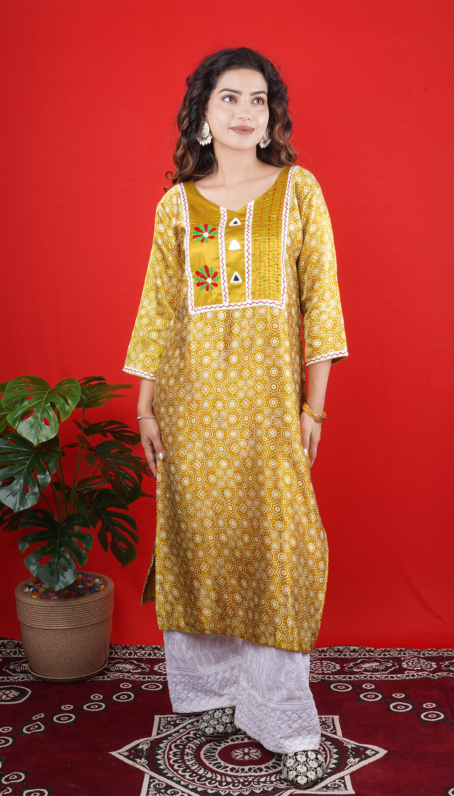 Yellow Printed Kurta with Embroidered Yoke & White Straight Pants