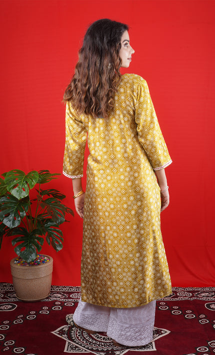 Yellow Printed Kurta with Embroidered Yoke & White Straight Pants