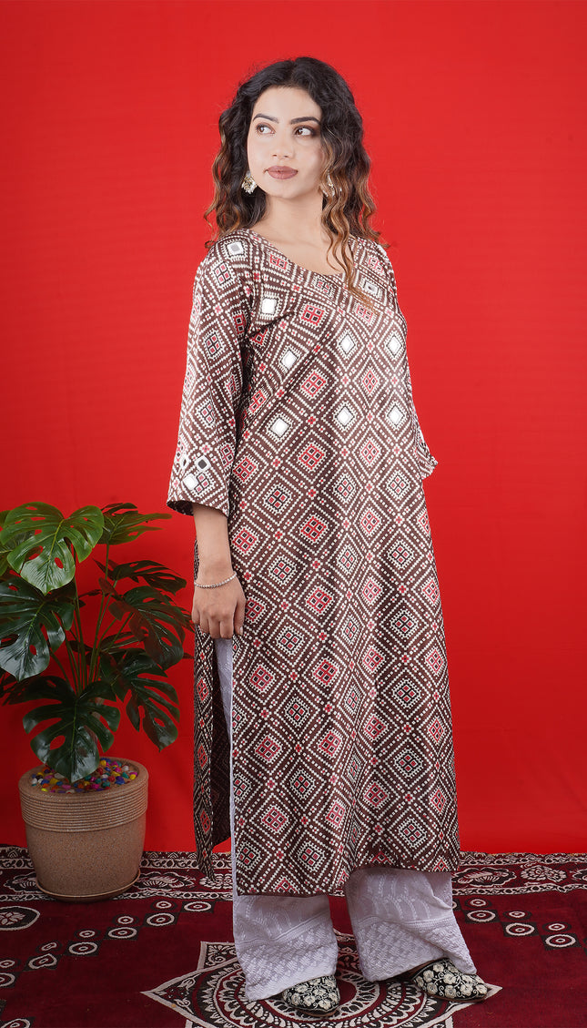 Brown & White Geometric Print Long Kurta with Palazzo Pants