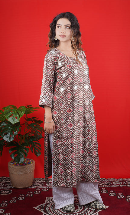 Brown & White Geometric Print Long Kurta with Palazzo Pants