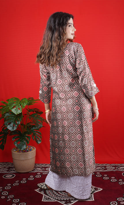 Brown & White Geometric Print Long Kurta with Palazzo Pants