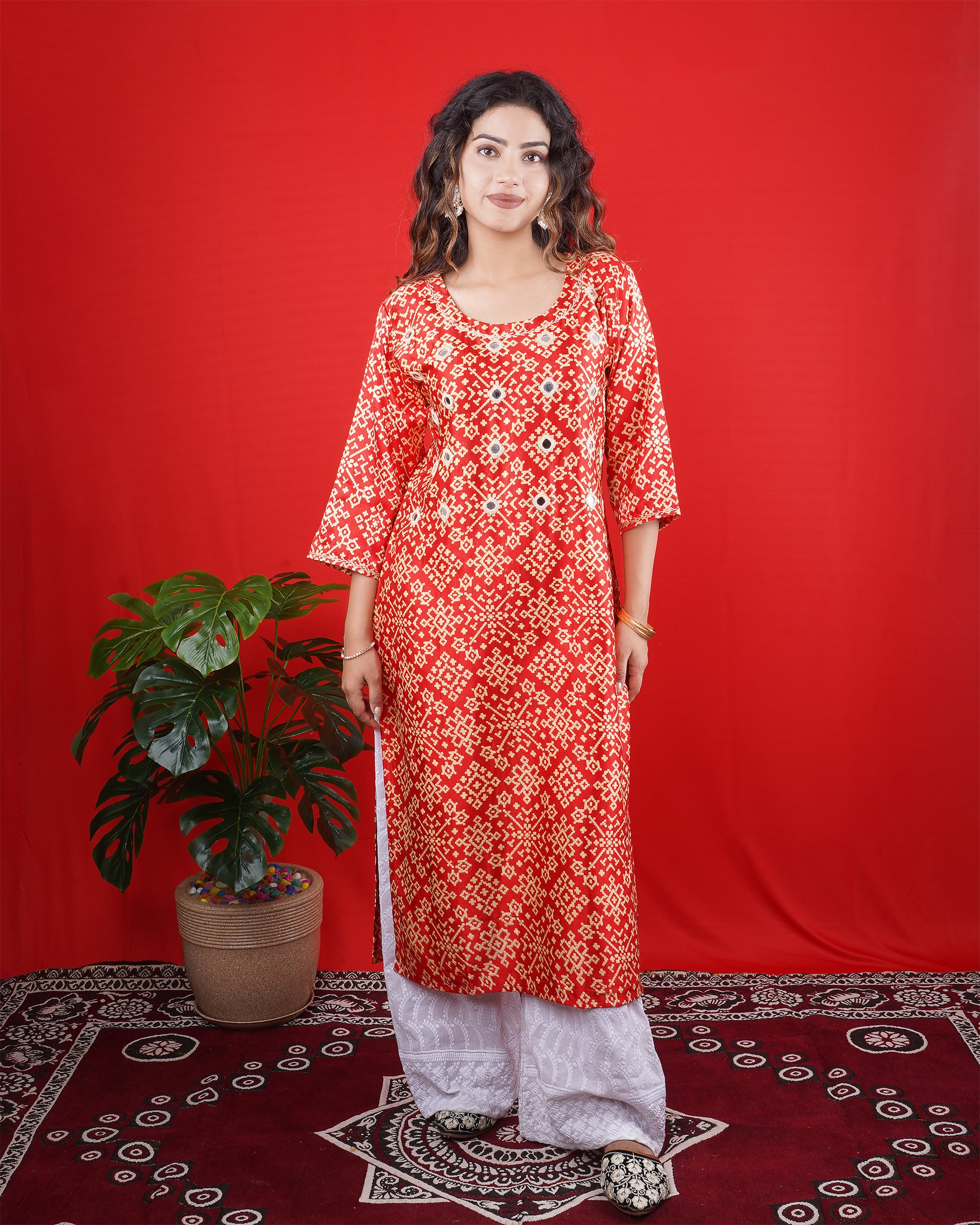 Red Printed Long Kurta with White Palazzo Pants