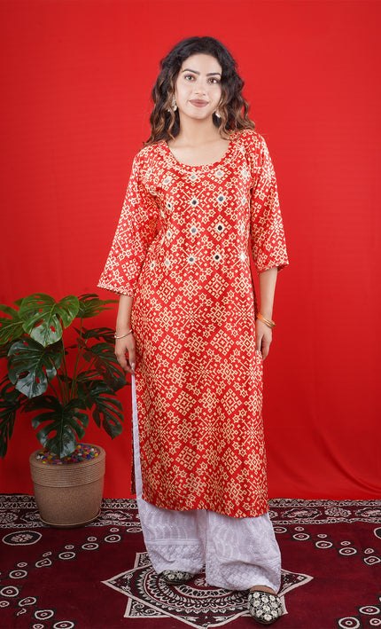 Red Printed Long Kurta with White Palazzo Pants
