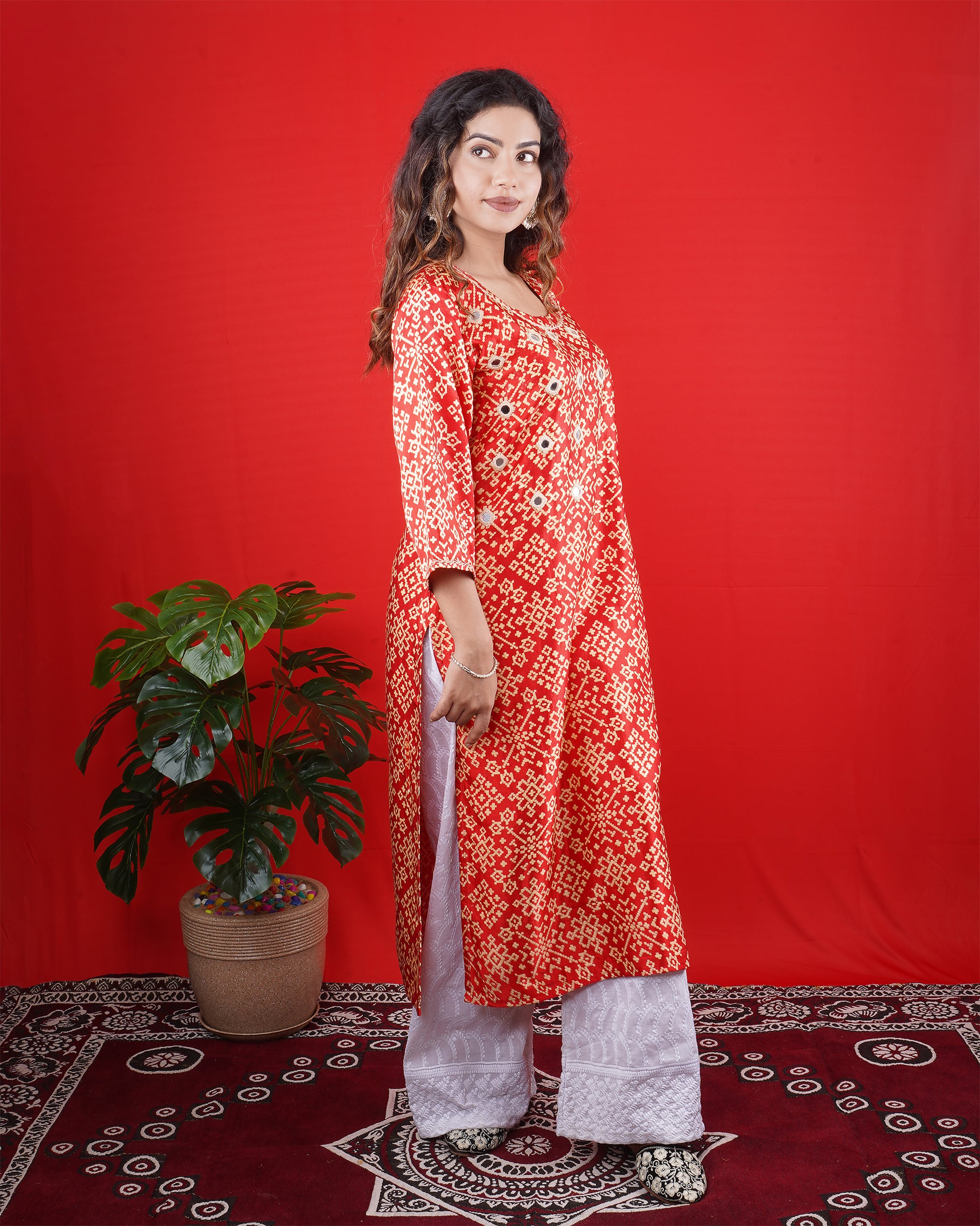 Red Printed Long Kurta with White Palazzo Pants