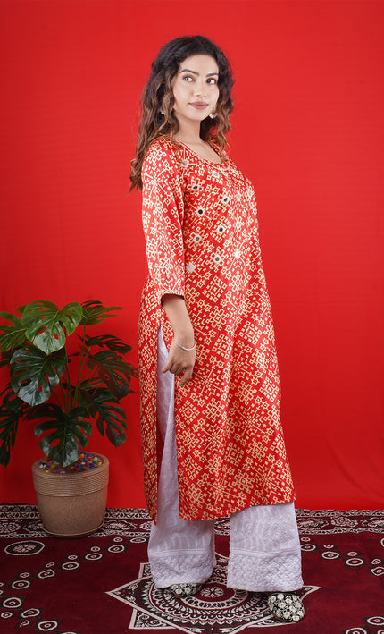 Red Printed Long Kurta with White Palazzo Pants
