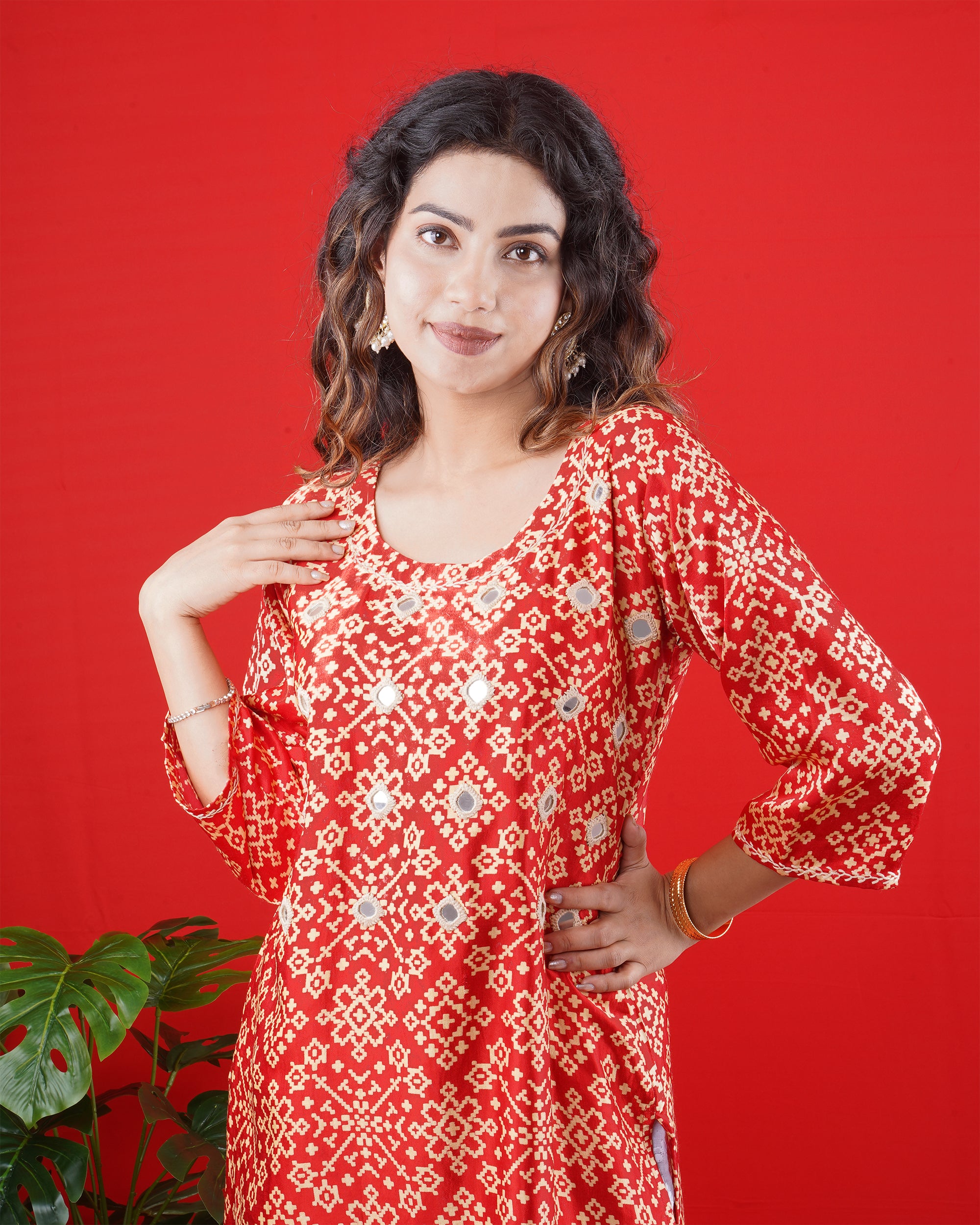 Red Printed Long Kurta with White Palazzo Pants