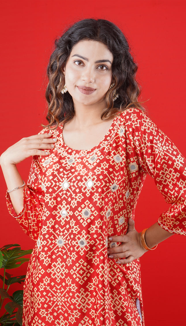 Red Printed Long Kurta with White Palazzo Pants