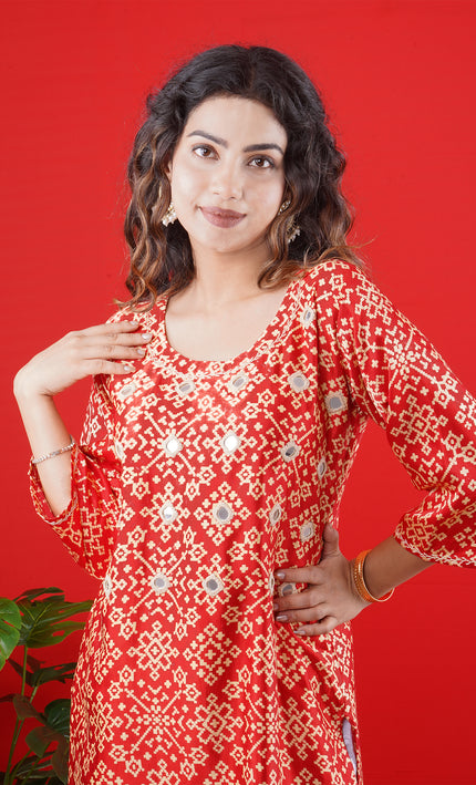 Red Printed Long Kurta with White Palazzo Pants