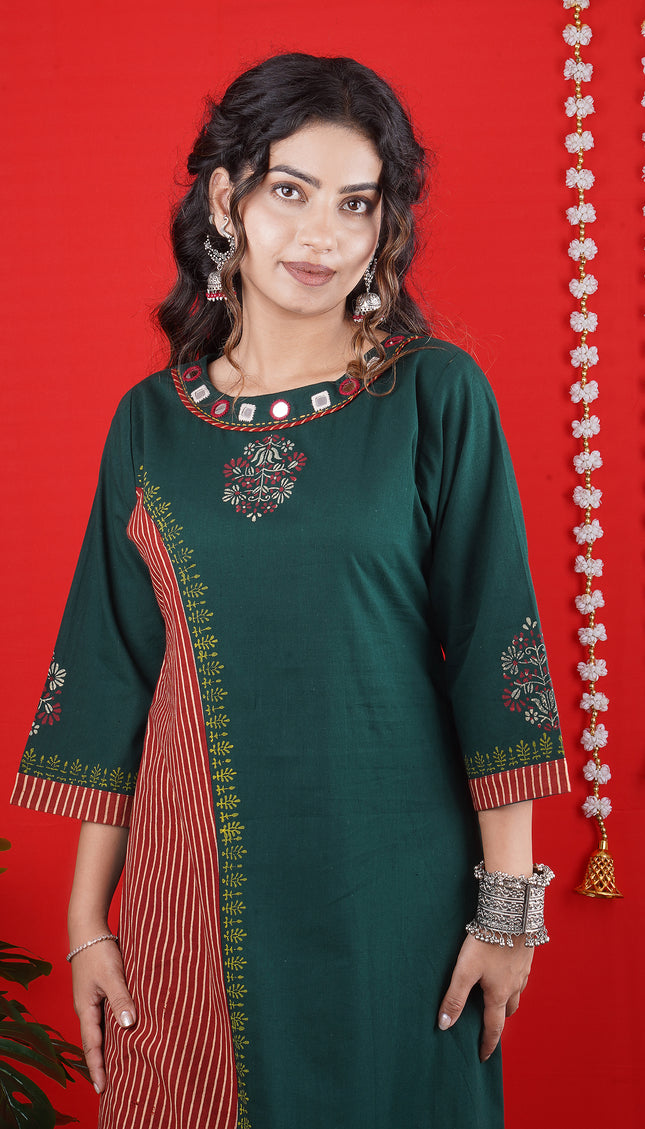 Green Embroidered Long Kurta with Striped Detailing & White Palazzo Pants