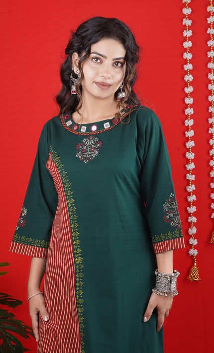 Green Embroidered Long Kurta with Striped Detailing & White Palazzo Pants