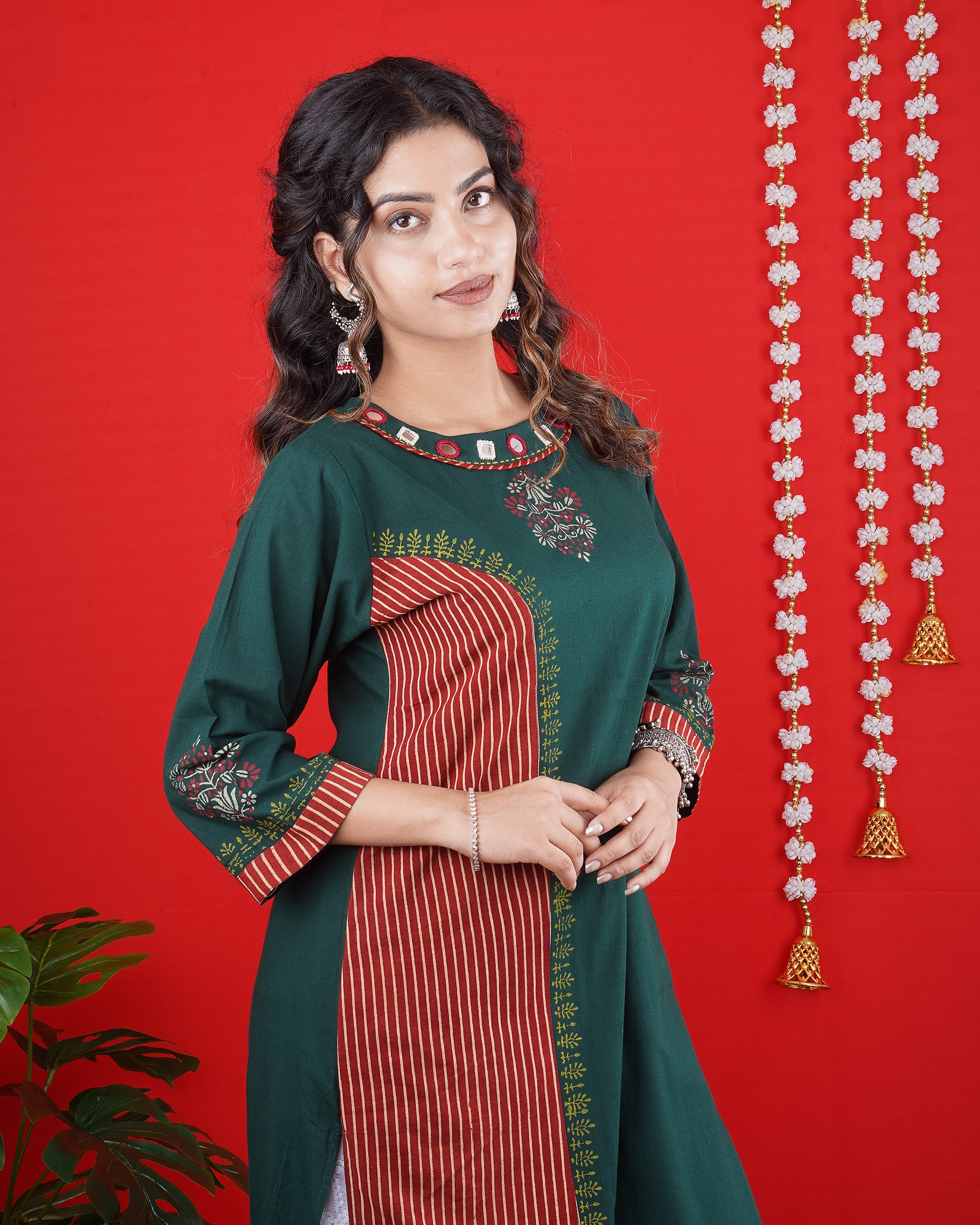 Green Embroidered Long Kurta with Striped Detailing & White Palazzo Pants
