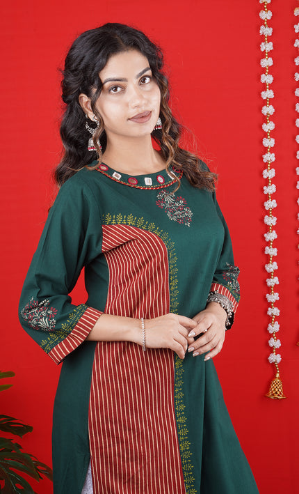 Green Embroidered Long Kurta with Striped Detailing & White Palazzo Pants