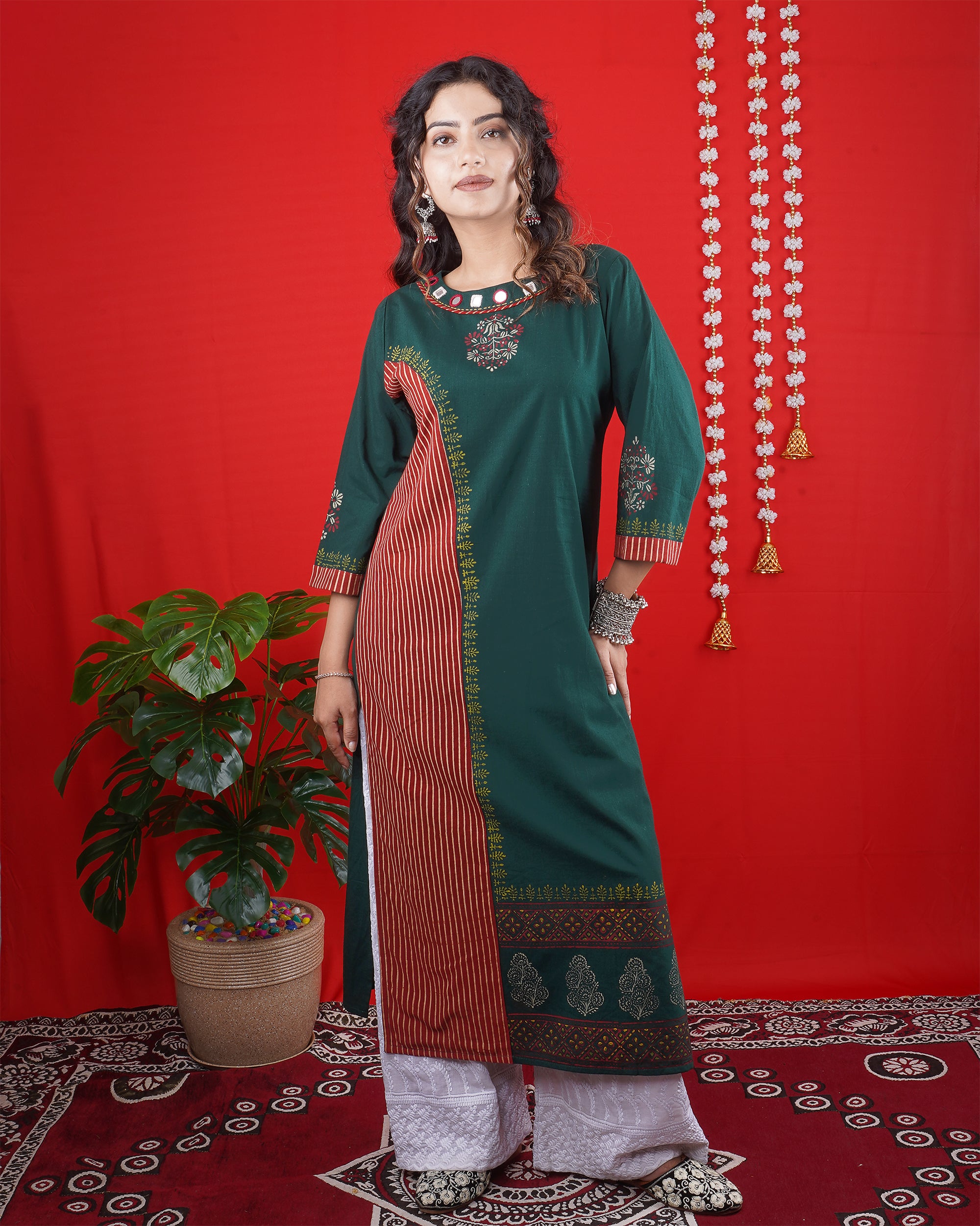 Green Embroidered Long Kurta with Striped Detailing & White Palazzo Pants