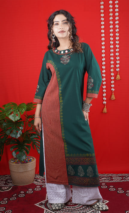 Green Embroidered Long Kurta with Striped Detailing & White Palazzo Pants