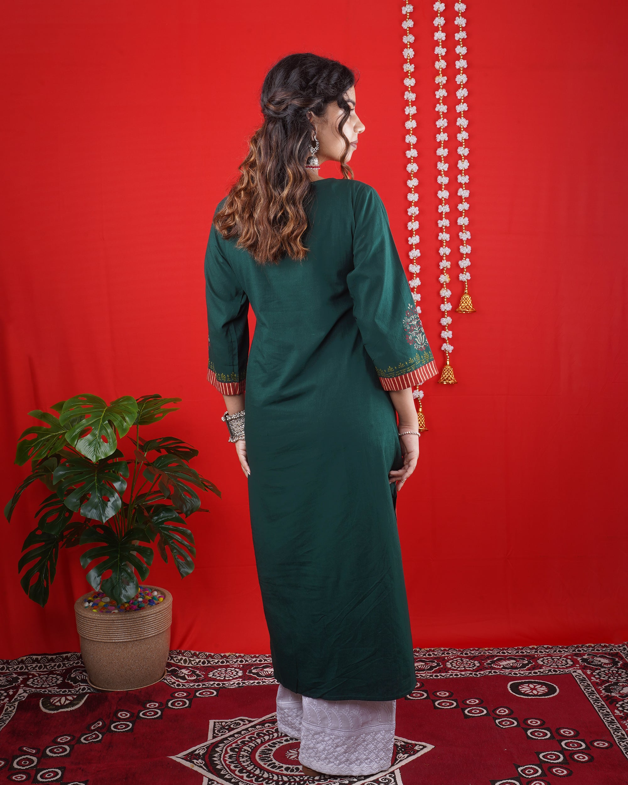 Green Embroidered Long Kurta with Striped Detailing & White Palazzo Pants