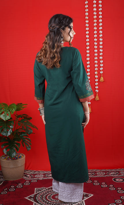 Green Embroidered Long Kurta with Striped Detailing & White Palazzo Pants