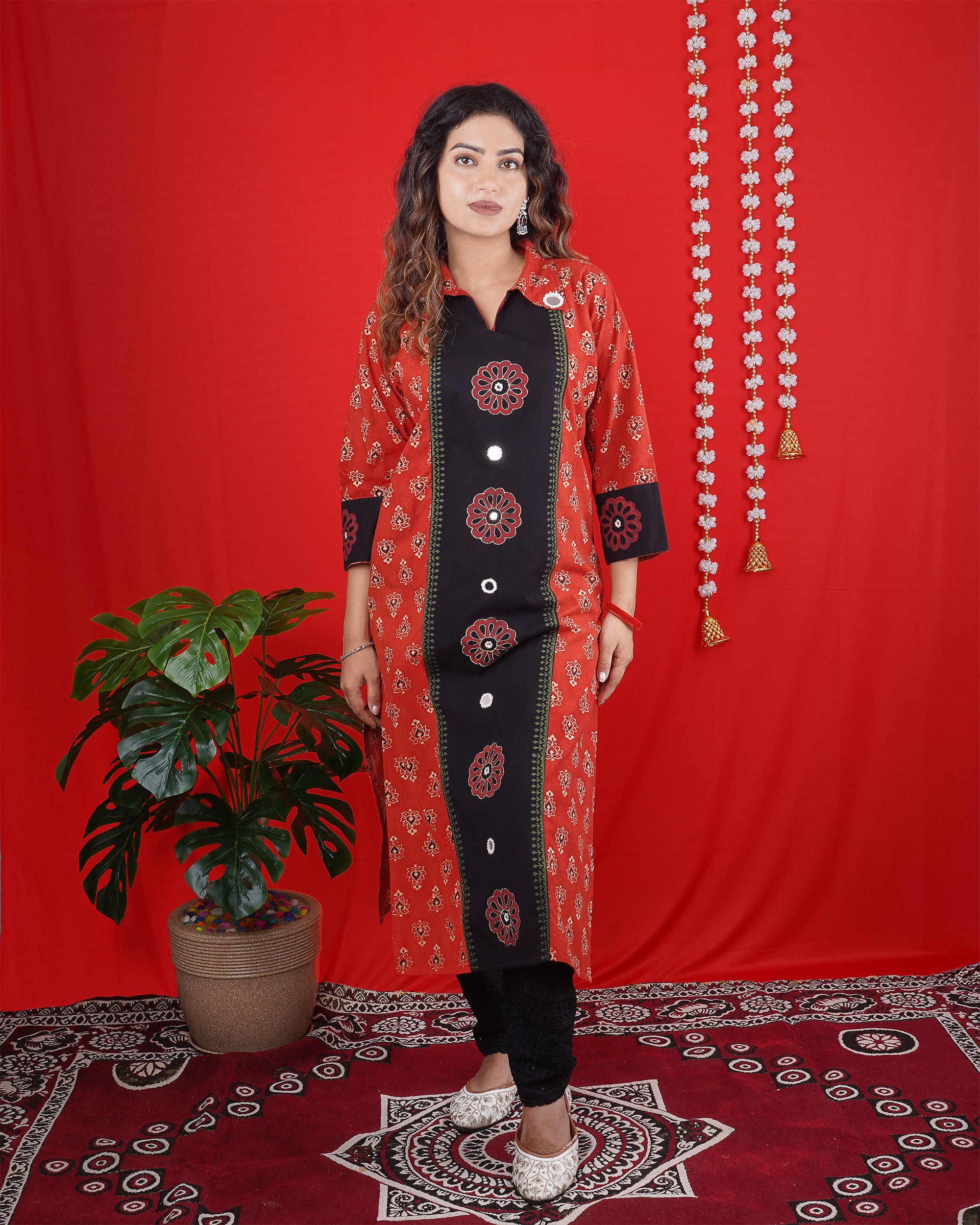 Red & Black Printed Long Kurti with Button Detailing