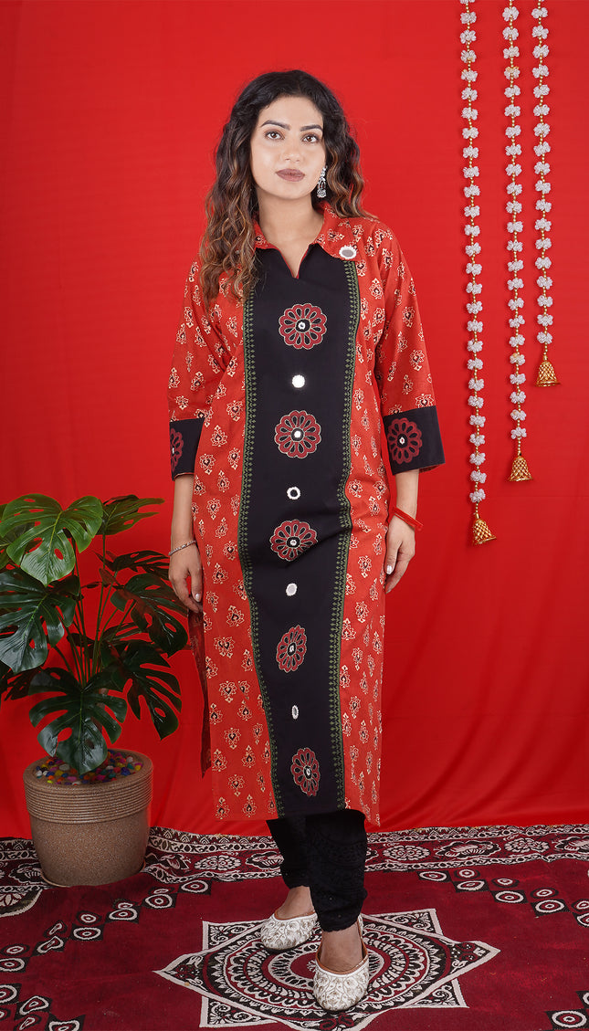 Red & Black Printed Long Kurti with Button Detailing