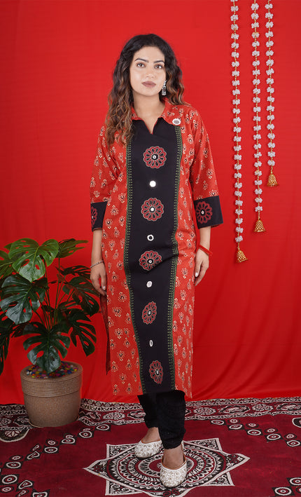 Red & Black Printed Long Kurti with Button Detailing