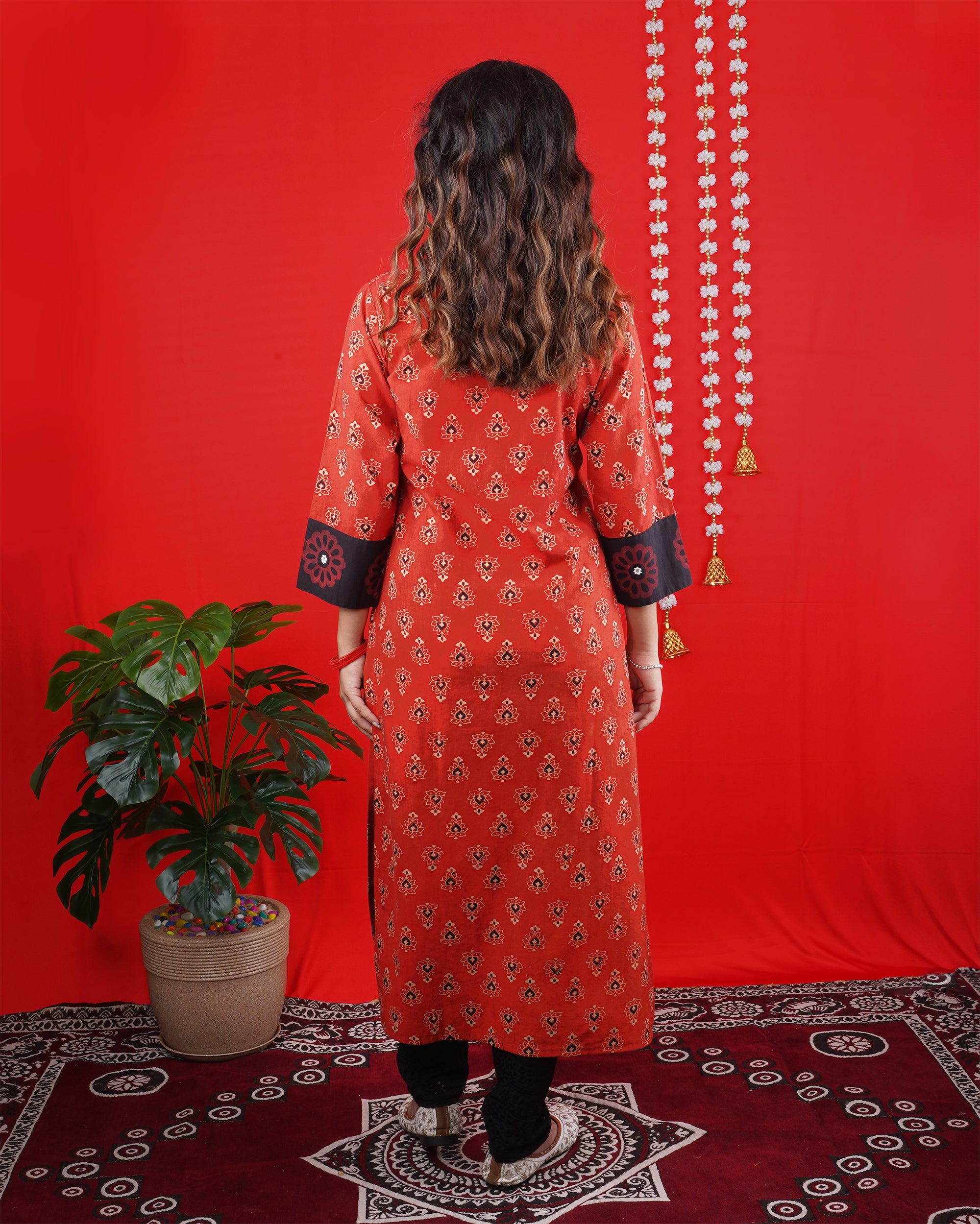 Red & Black Printed Long Kurti with Button Detailing