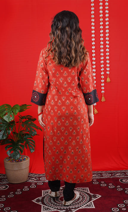 Red & Black Printed Long Kurti with Button Detailing