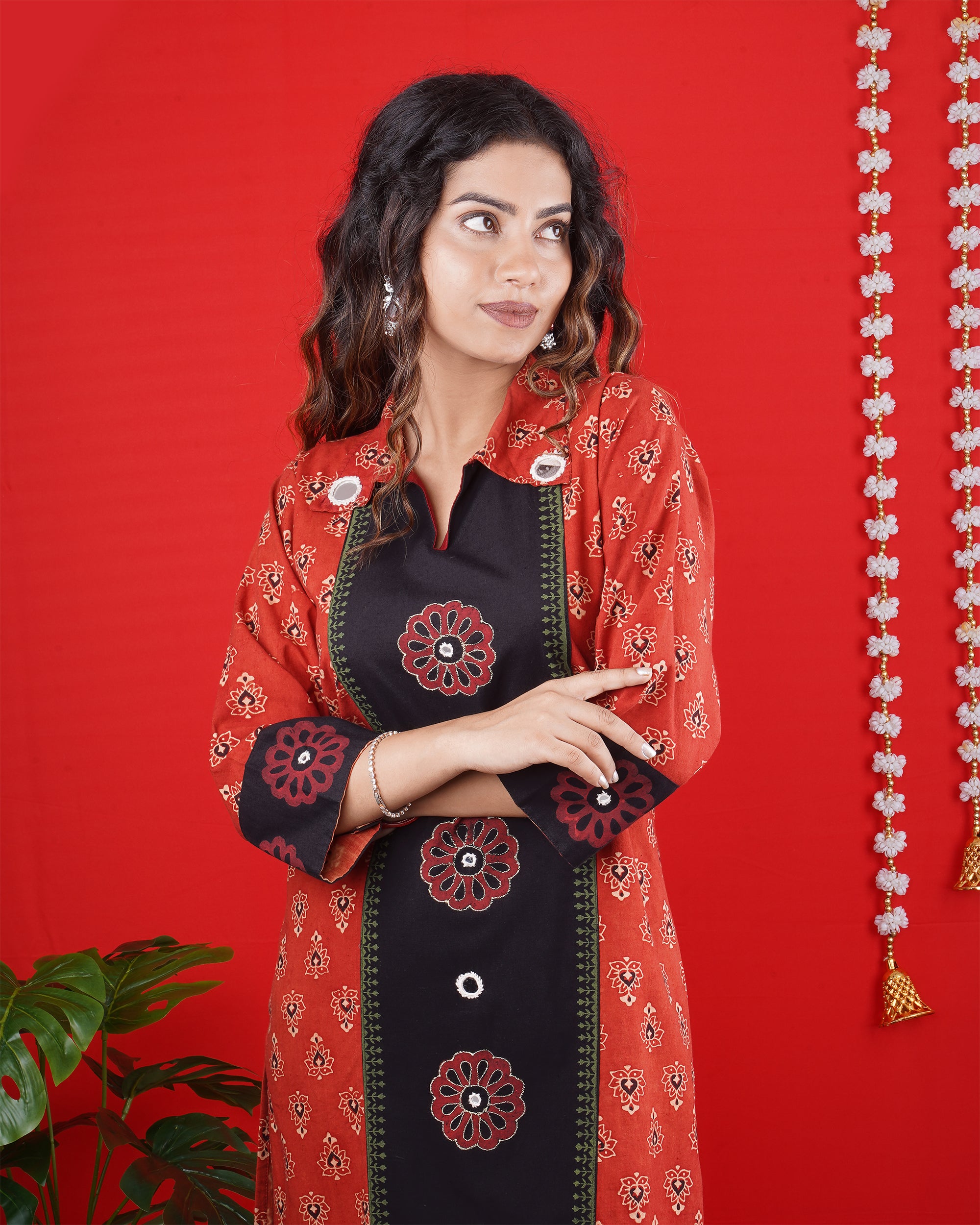 Red & Black Printed Long Kurti with Button Detailing