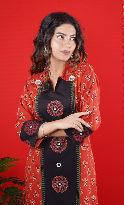 Red & Black Printed Long Kurti with Button Detailing