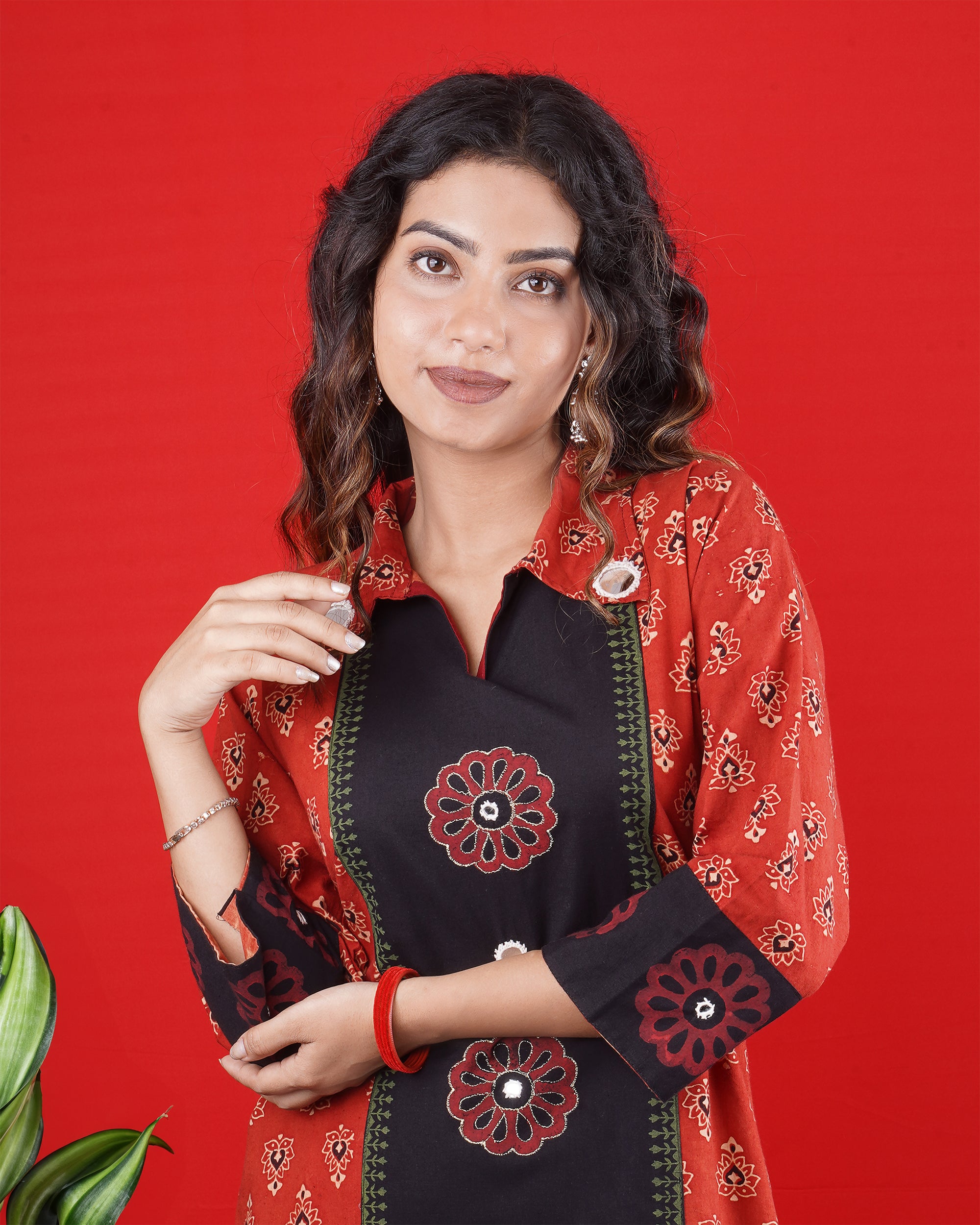Red & Black Printed Long Kurti with Button Detailing