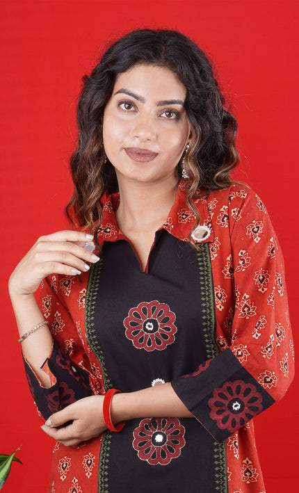 Red & Black Printed Long Kurti with Button Detailing