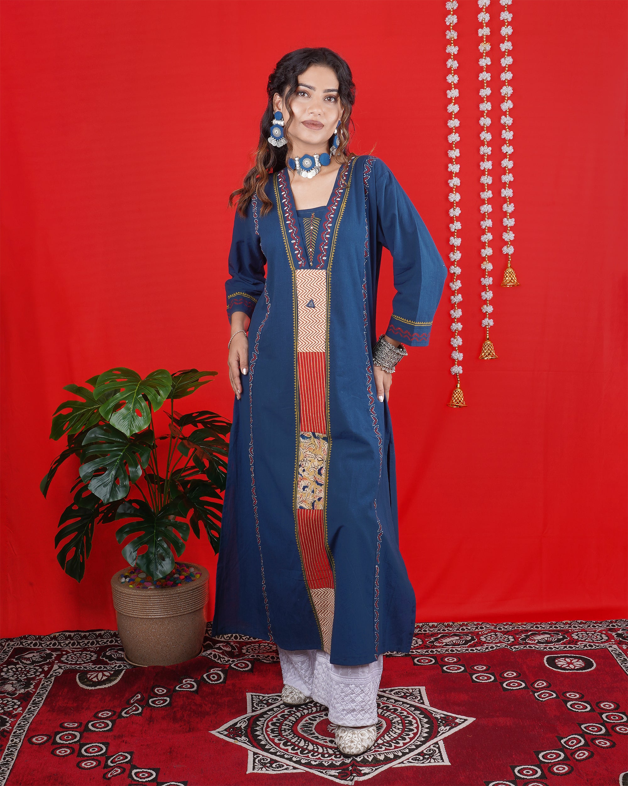 Navy Blue Ethnic Long Kurti with Embroidered Panel Detailing