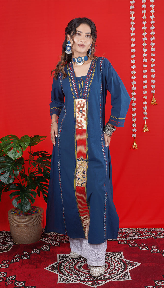 Navy Blue Ethnic Long Kurti with Embroidered Panel Detailing