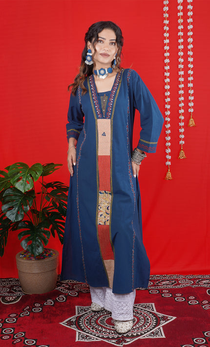 Navy Blue Ethnic Long Kurti with Embroidered Panel Detailing