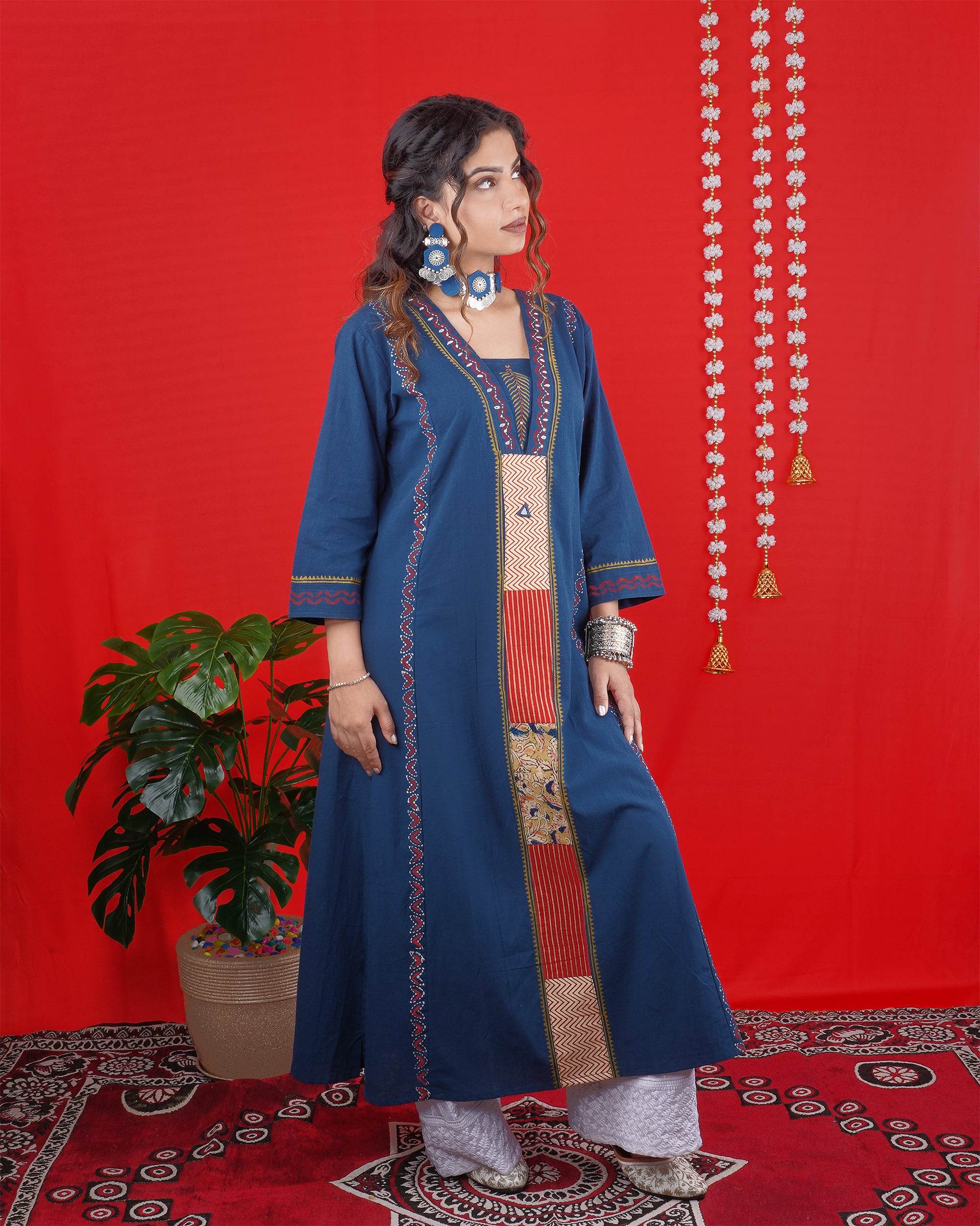 Navy Blue Ethnic Long Kurti with Embroidered Panel Detailing