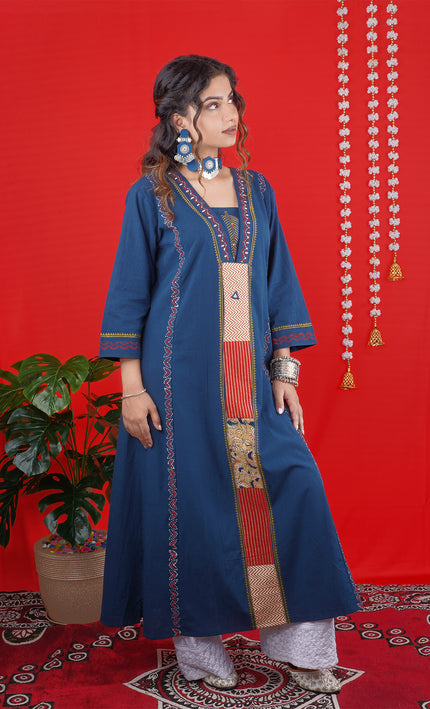 Navy Blue Ethnic Long Kurti with Embroidered Panel Detailing