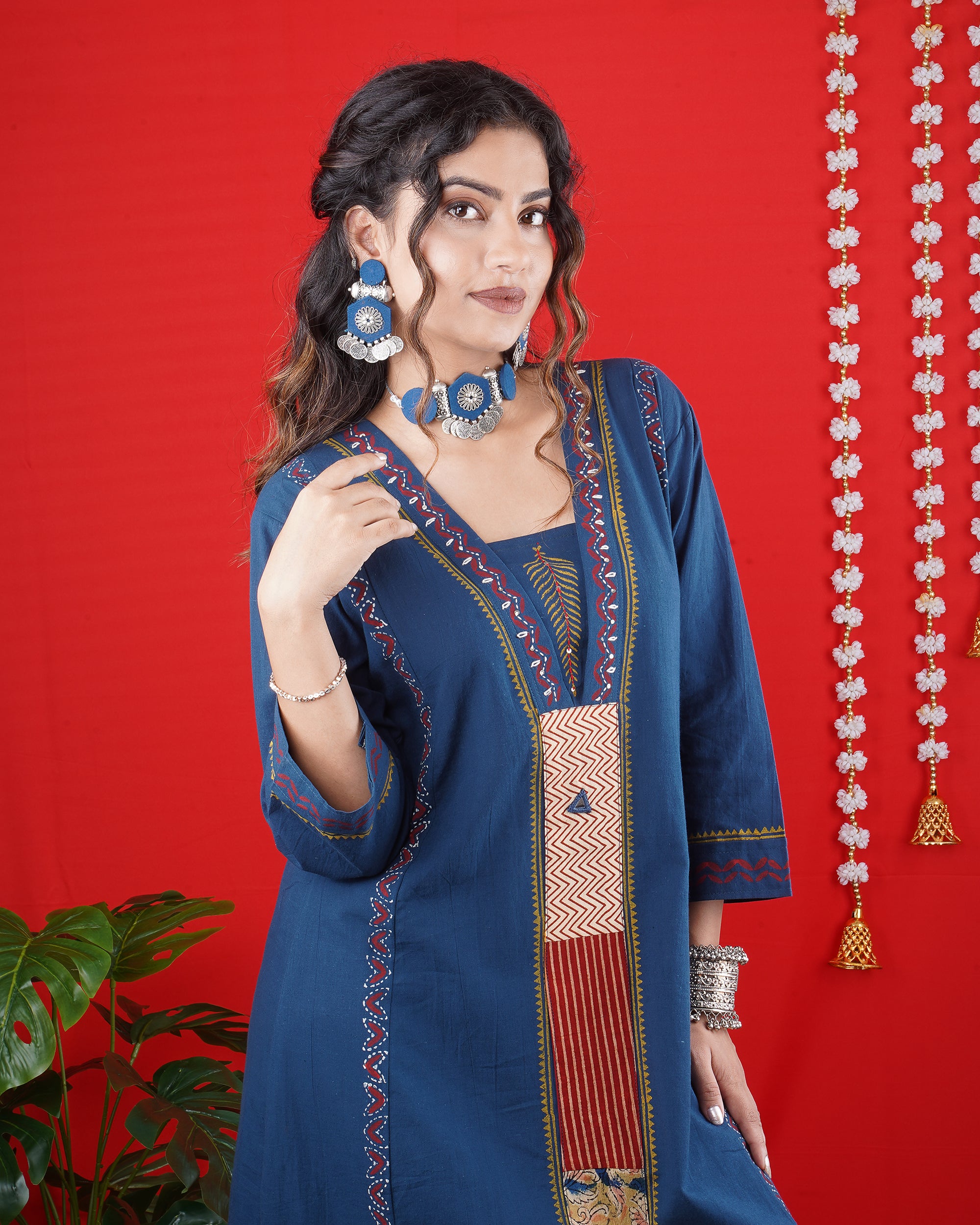 Navy Blue Ethnic Long Kurti with Embroidered Panel Detailing