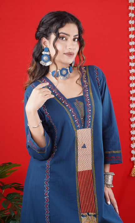 Navy Blue Ethnic Long Kurti with Embroidered Panel Detailing