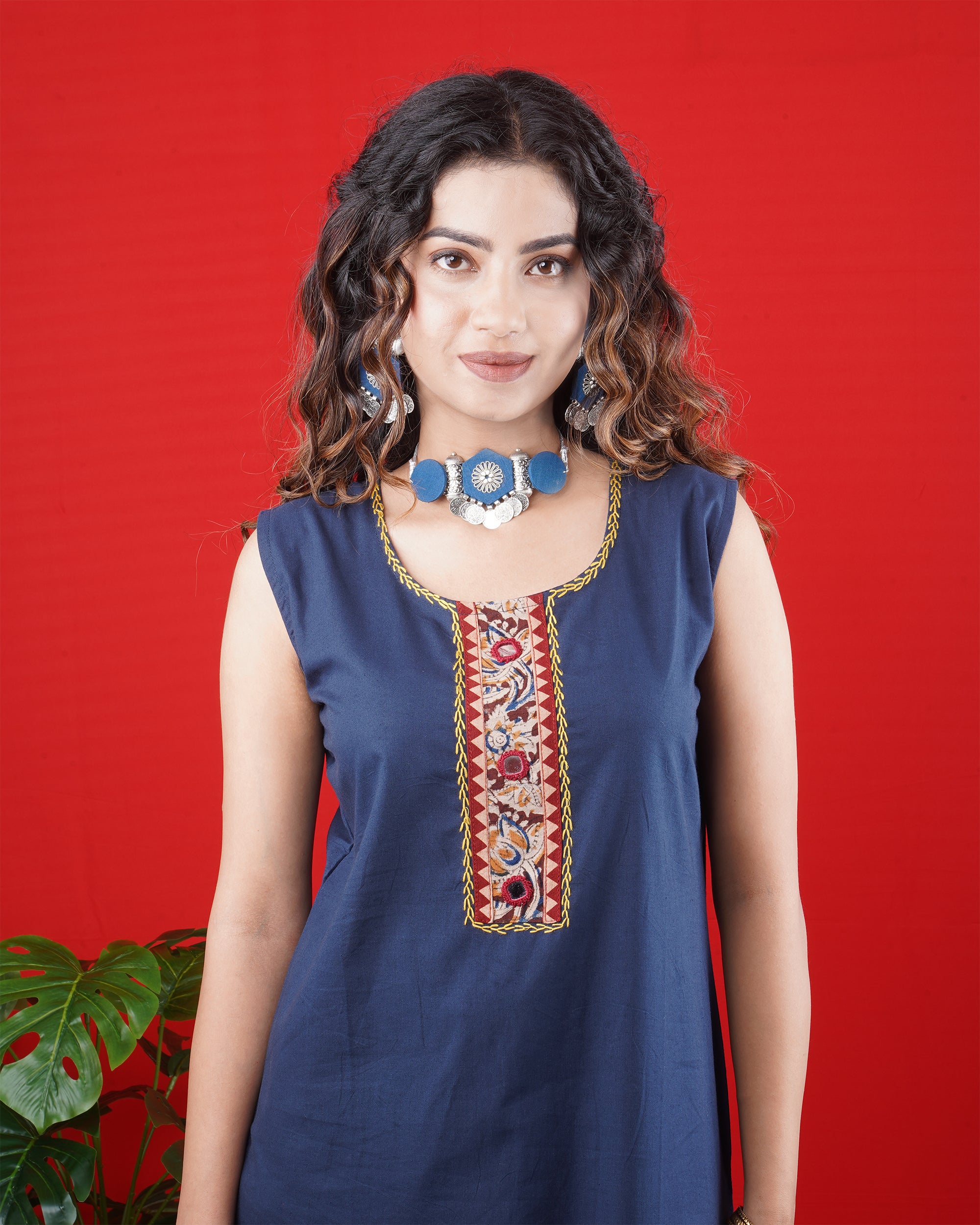 Navy Blue Sleeveless Kurta with Embroidered Neckline