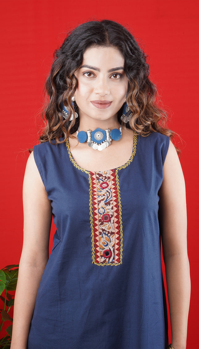 Navy Blue Sleeveless Kurta with Embroidered Neckline