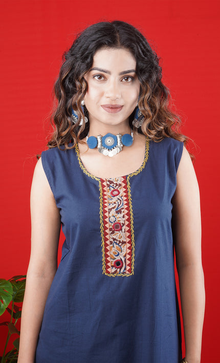 Navy Blue Sleeveless Kurta with Embroidered Neckline