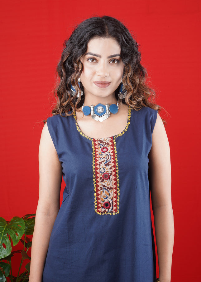 Navy Blue Sleeveless Kurta with Embroidered Neckline