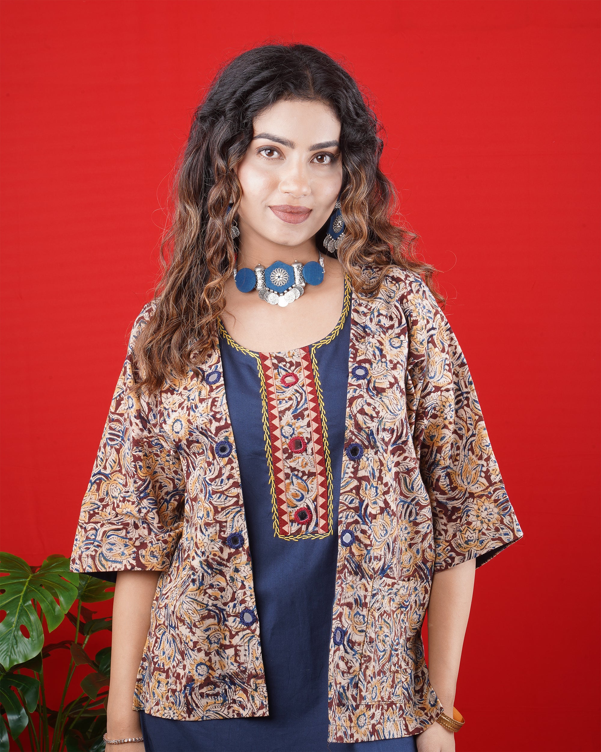Navy Blue Sleeveless Kurta with Embroidered Neckline