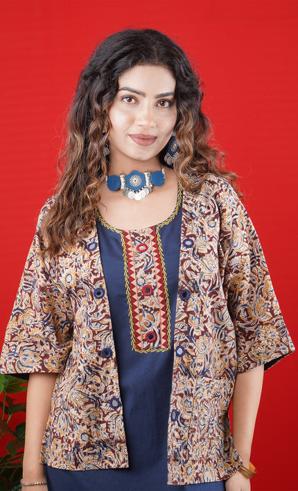Navy Blue Sleeveless Kurta with Embroidered Neckline