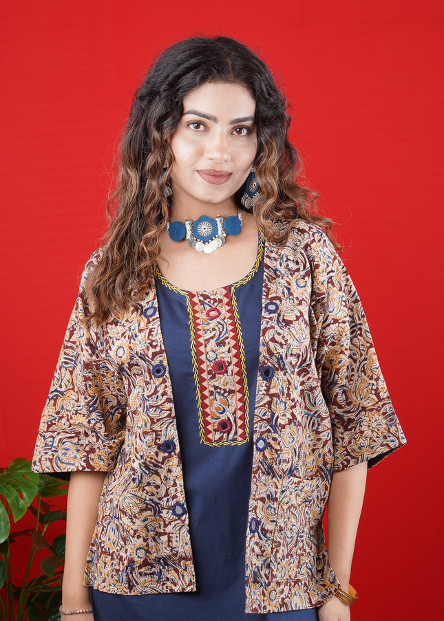 Navy Blue Sleeveless Kurta with Embroidered Neckline