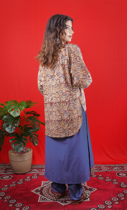 Navy Blue Sleeveless Kurta with Embroidered Neckline